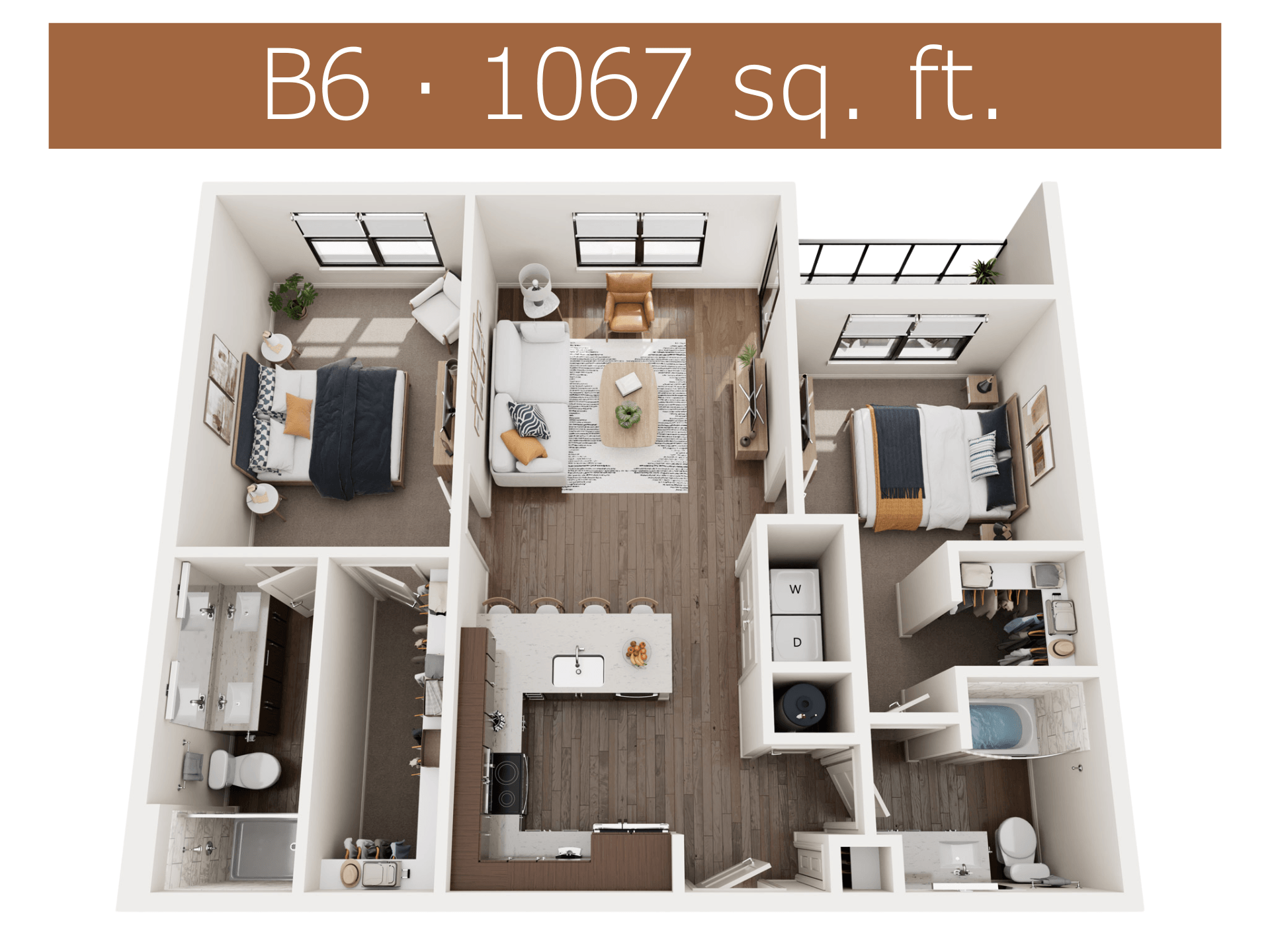 Floor plan for 2 beds, 2 baths, 1067 sqft